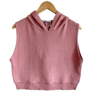 ZARA Hoodie Top Pink Terry Sleeveless Cotton Cropped Medium NWOT